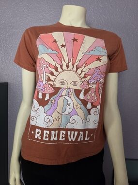Mighty Fine Rust Graphic Tee with Pink & Lavender Sunburst